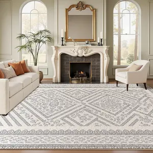 Velvet Living Room Carpet, Ivory Patterned Rug, Soft Short Pile, Easy Care and Cleaning, Ideal for Bedroom and Study