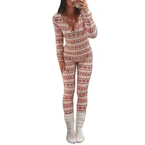 Women Sexy Christmas Pajamas Long Sleeve Printing Bodycon  jumpsuit Ugly Christmas Pjs(Sheet)