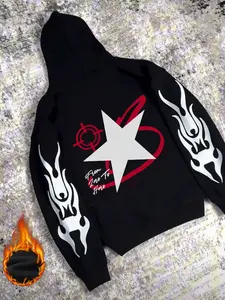 Men's Black “From Zero To Hero” Graphic Hoodie with Star, Target and Heart Prints, Flame Sleeve Design for Streetwear and Casual Daily Outfits