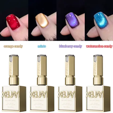 XEIJAYI 4Pcs 15ml TPO&HEMA-Free Colorful Candy 4-Color Shimmering Magnetic Bling Fingernail Polish Set, Soak Off UV LED Curing Formula, Nail Care for Manicure & Decorated Nails