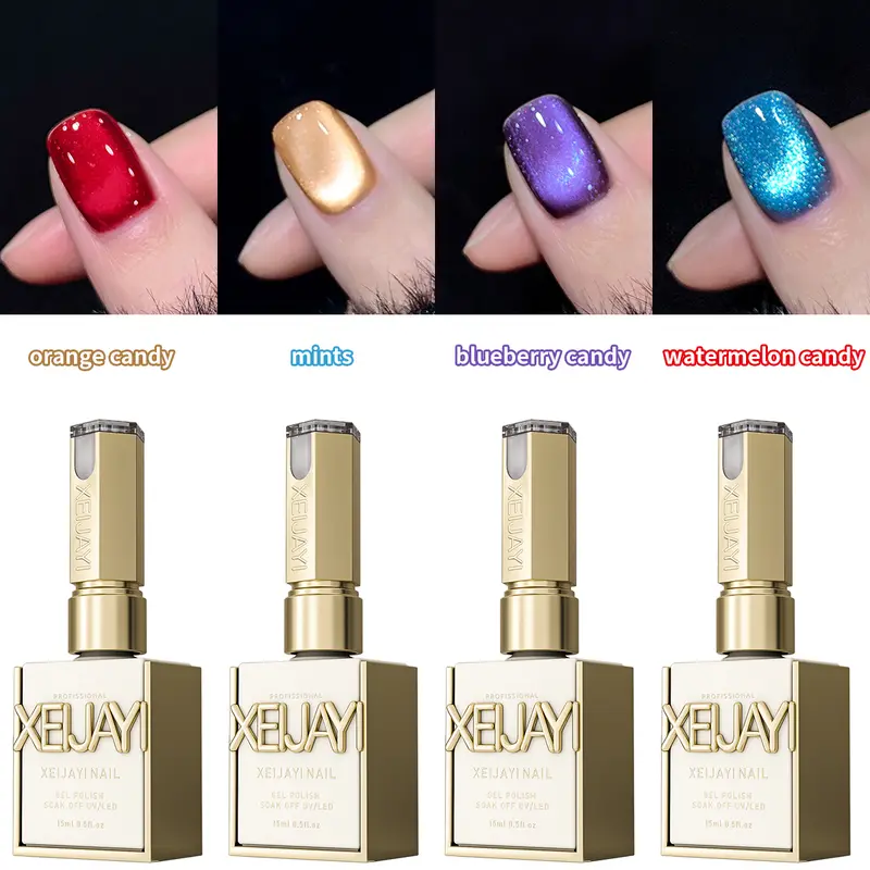 XEIJAYI 4Pcs 15ml TPO&HEMA-Free Colorful Candy 4-Color Shimmering Magnetic Bling Fingernail Polish Set, Soak Off UV LED Curing Formula, Nail Care for Manicure & Decorated Nails