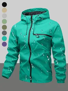 Men's Waterproof Windproof Hooded Jacket, Drawstring Zipper Pocket Design, Casual Long Sleeve Outdoor Coat for All Seasons