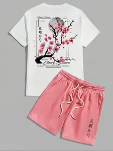 Two-piece Set Men's Cherry Blossom Print Short Sleeve Tee & Drawstring Waist Shorts,  Casual Round Neck T-shirt & Track Shorts, Men's Summer Clothes, Menswear