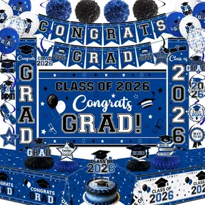Graduation Decorations 2026 Blue Class of 2026 Congrats Grad Backdrop Door Banner Tablecloth Balloons Cake Topper Honeycombs  Swirls for Graduation Party and High School College Celebrations