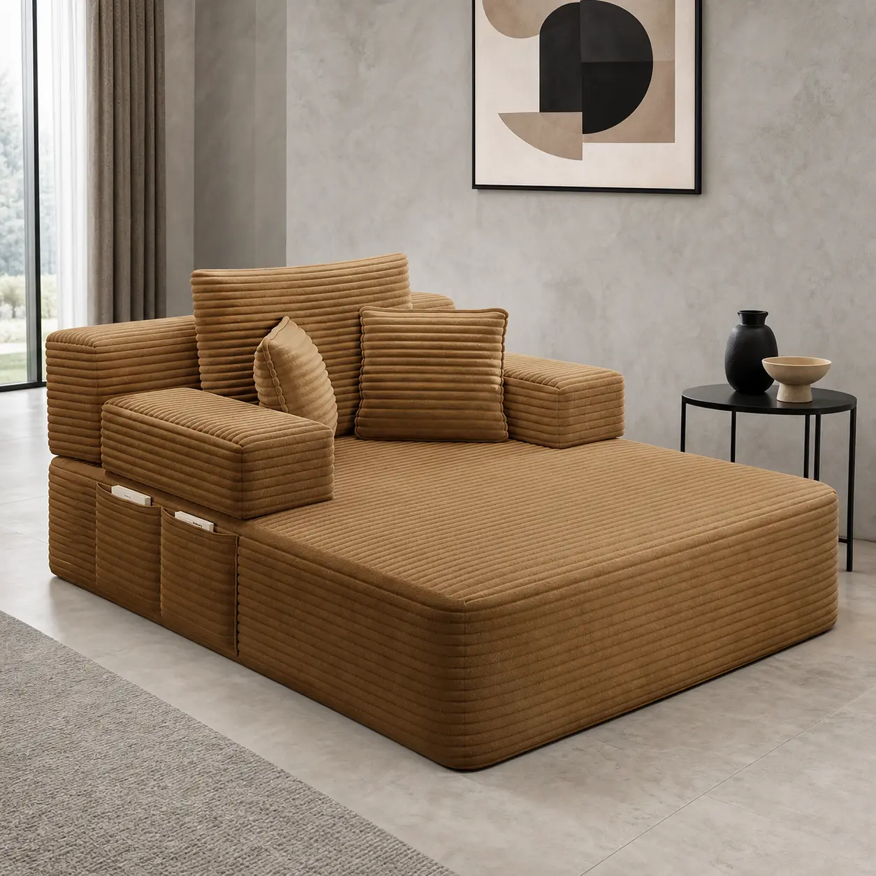 60.2-Inch Corduroy Chaise Lounge Sleeper Sofa - Camel Upholstery, 2-in-1 Sofa and Bed, 3 Soft Pillows, Side Storage Pockets, Deep Cushioned Seat, Multi-Use Seating for Apartment, Dorm, Guest Room