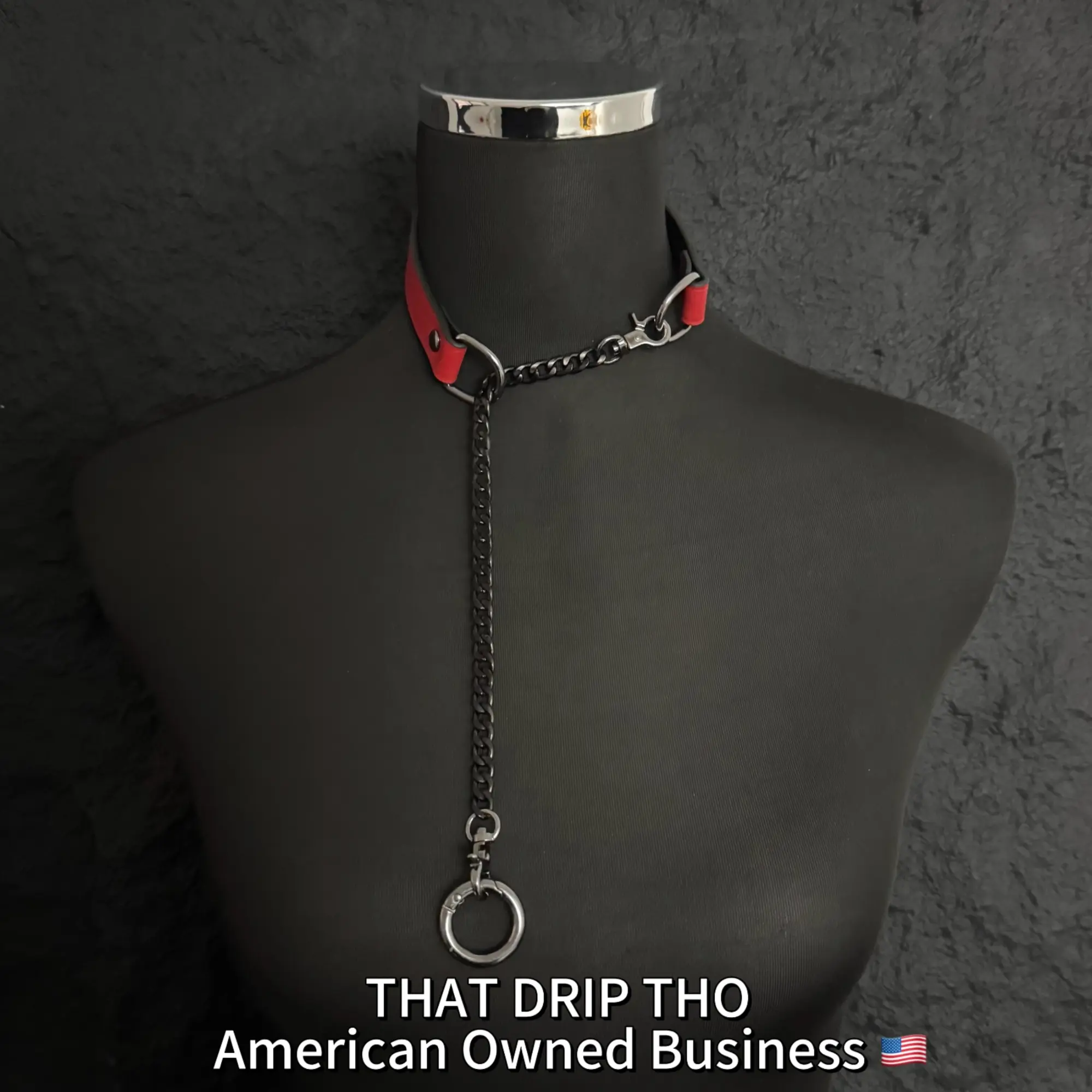ThatDripTho Versatile Red Leather Choker with Rings, Layered Chain Necklace