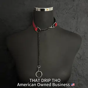 ThatDripTho Punk Goth Style Layered Chain Red Leather Choker Necklace with Rings for Men & Women, Fashion Jewelry for Party, Daily Wear, Durable Chains with Adjustable Chain Design, Body Chain, Gothic-Inspired Accessories for Party, BF, GF, Couples