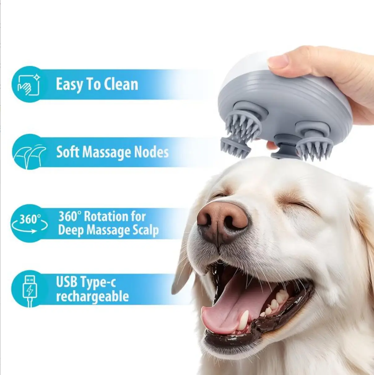 Cordless Rechargeable Universal Electric Head Massager for Cats & Dogs - White, Calming, 1-Hand Operation, After Walks, Waterproof, 3 Intensity Levels, 4.3 x 3.1 x 2.8 inches Pet Grooming Bath Accessory, One Hand