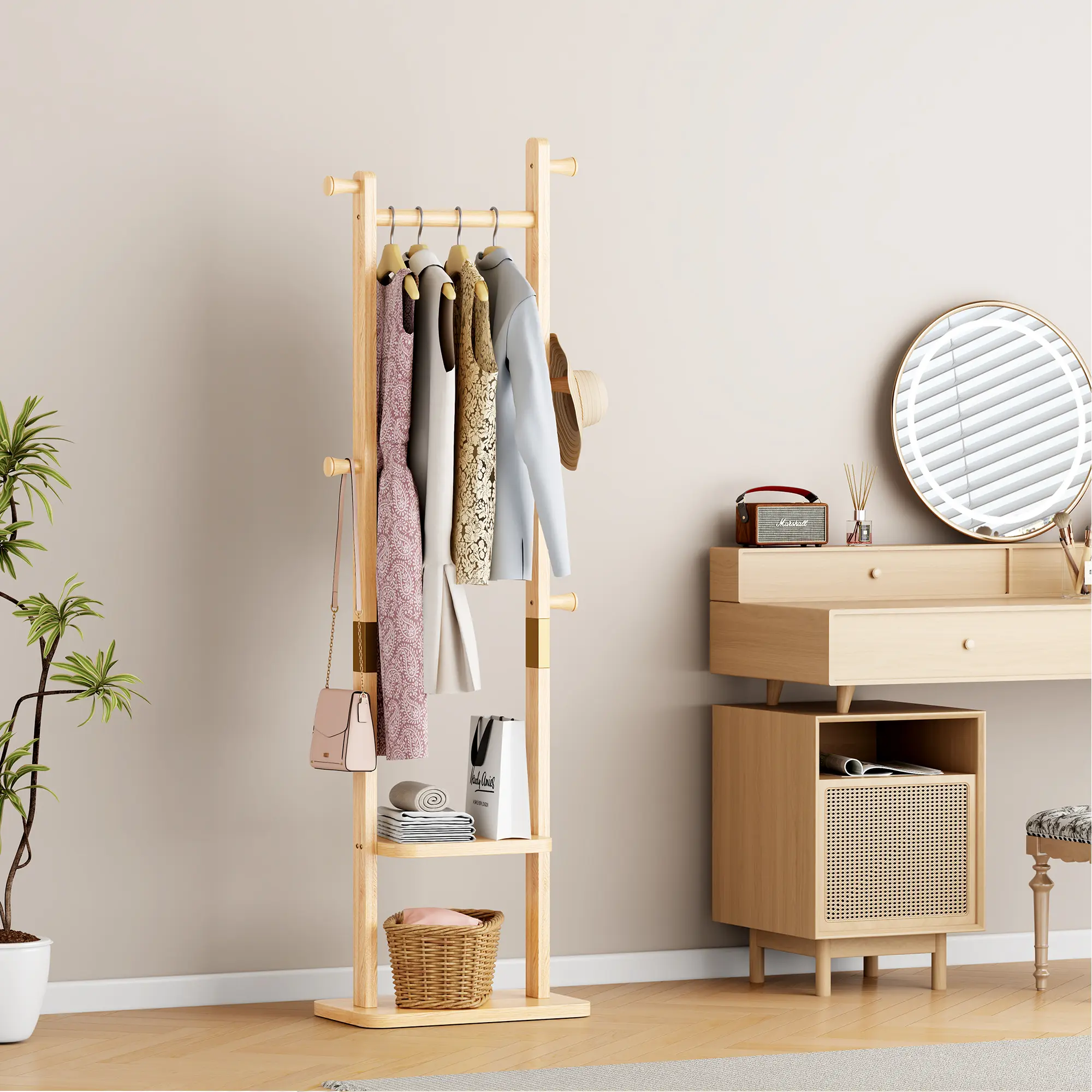 Dufominc Sturdy Solid Wood Freestanding Coat Rack - 18.9x11.8x71" Space-Saving Eco-Friendly Stylish Garment Organizer, Simple Easy Assembly, Natural Wood Tone, for Entryway, Bedroom