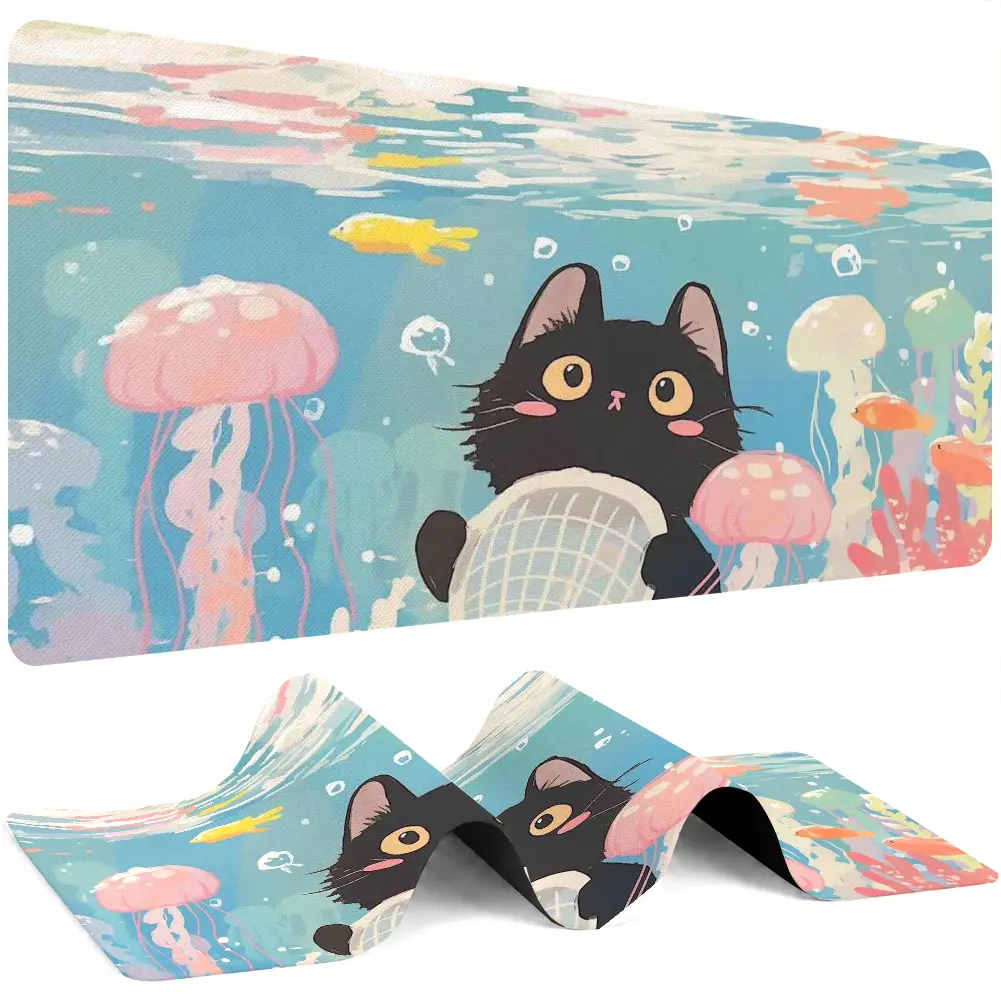 1 × Extended Fabric Mouse Pad - Cute Black Cat & Underwater Sea Jellyfish Fish Design, 12 × 24 In (12*24Inch（30*60Cm）) Desk Mat for Any Setup, Kitchen Accessories Desk Utensil Accent, 1 × Extended Mouse Pad, Any Desk Setup