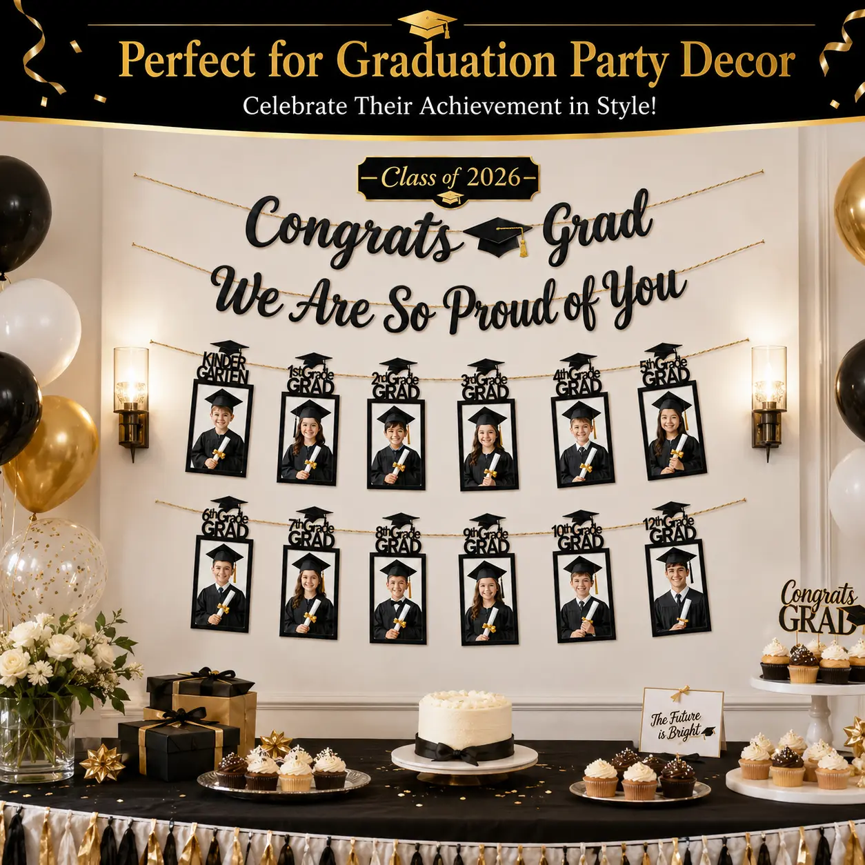 Class of 2026 Graduation Photo Banner, Kindergarten to 12th Grade Picture Garland with “Congrats Grad” and “We Are So Proud of You” Signs, Graduation Party Wall Decor