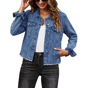 Luvamia Women's Denim Jacket Distressed Jean Button Up Vintage Western Trucker Frayed Hem Pockets Casual Coats Collared Long Sleeves Soft Denim Material Outerwear