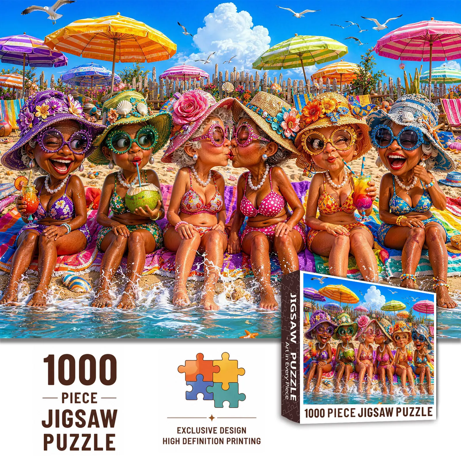 【Back to School】Walarky Funny Beach Grandma 1000 Pieces Jigsaw Puzzle for Adults, Colorful Summer Vacation Puzzle for Family Game Night, Stress Relief Relaxation, Brain Challenge, Wall Decor, Gift for Seniors and Beach Lovers, 27.5x20inch(70x50cm)