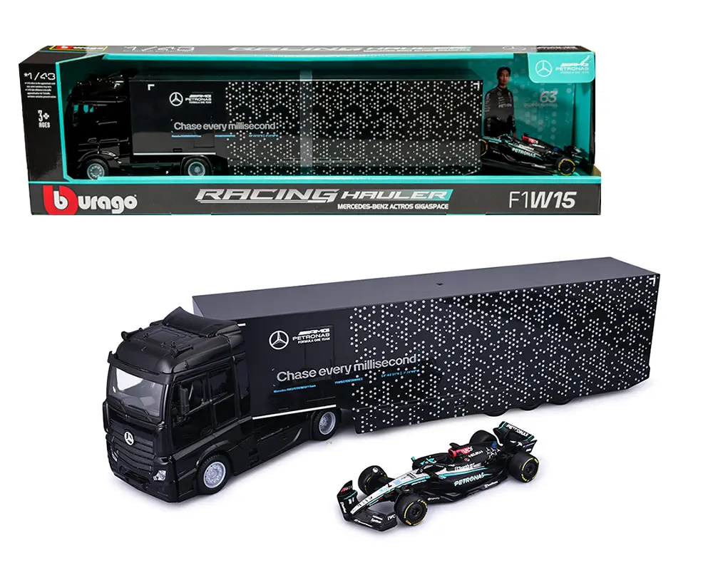 Bburago 1:43 AMG Petronas Mercedes-Benz Actros Gigaspace and F1W15 #63 George Russell