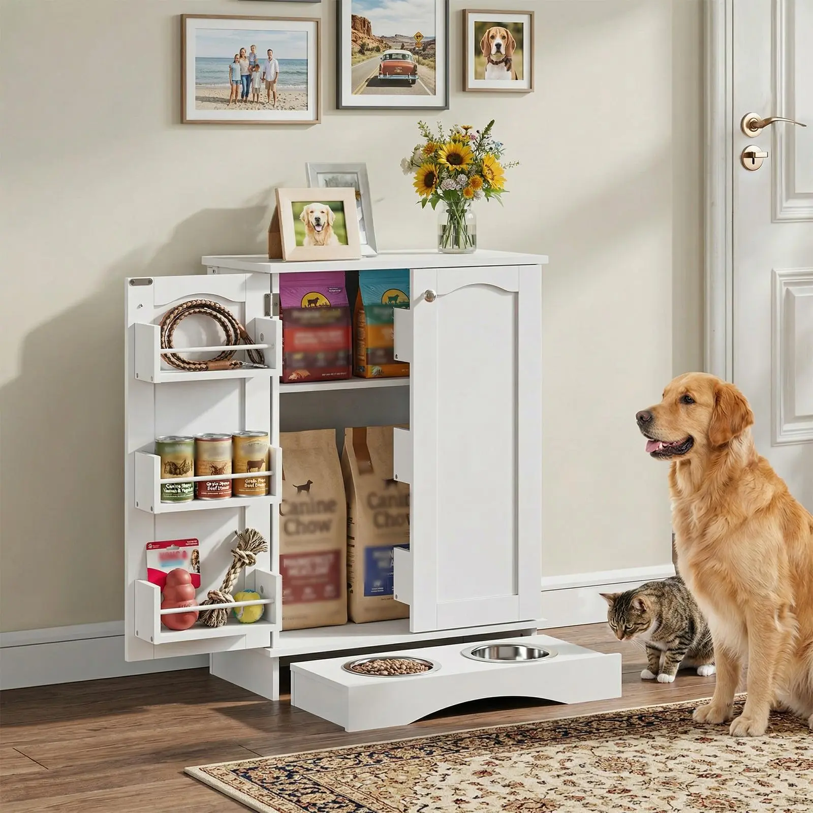 White Wood Dog Feeding Station Cupboard - 11.8"d x 23.6"w x 32.2"h, 160lbs Capacity, Hidden Bowls, Adjustable Panel, Hooks, Dual Door-Hung Shelves, Food Storage for Medium-Sized Pets (Indoor Living Room Home Decor)