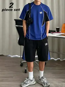 Unisex design, American sport style: KLEIN BLUE + BLACK contrast-stitched short-sleeved shirt and shorts set, perfect for casual wear, summer activities, outings, and men’s outfits.