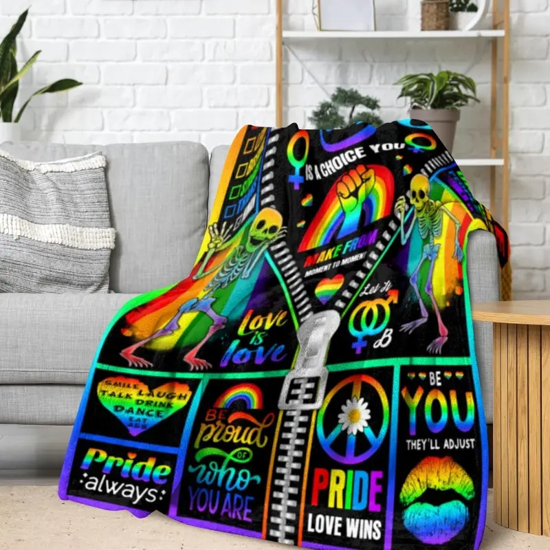 LGBT Pride Woven Flannel Blanket - 100% Polyester, 250-300gsm, Contemporary, All Seasons, Wrinkle Resistant, Fade Resistant, No Print, Rainbow & Skeleton Design, LGBTQ+ Gift for Christmas, Valentine, Thanksgiving, Father's Day, Friends, Child