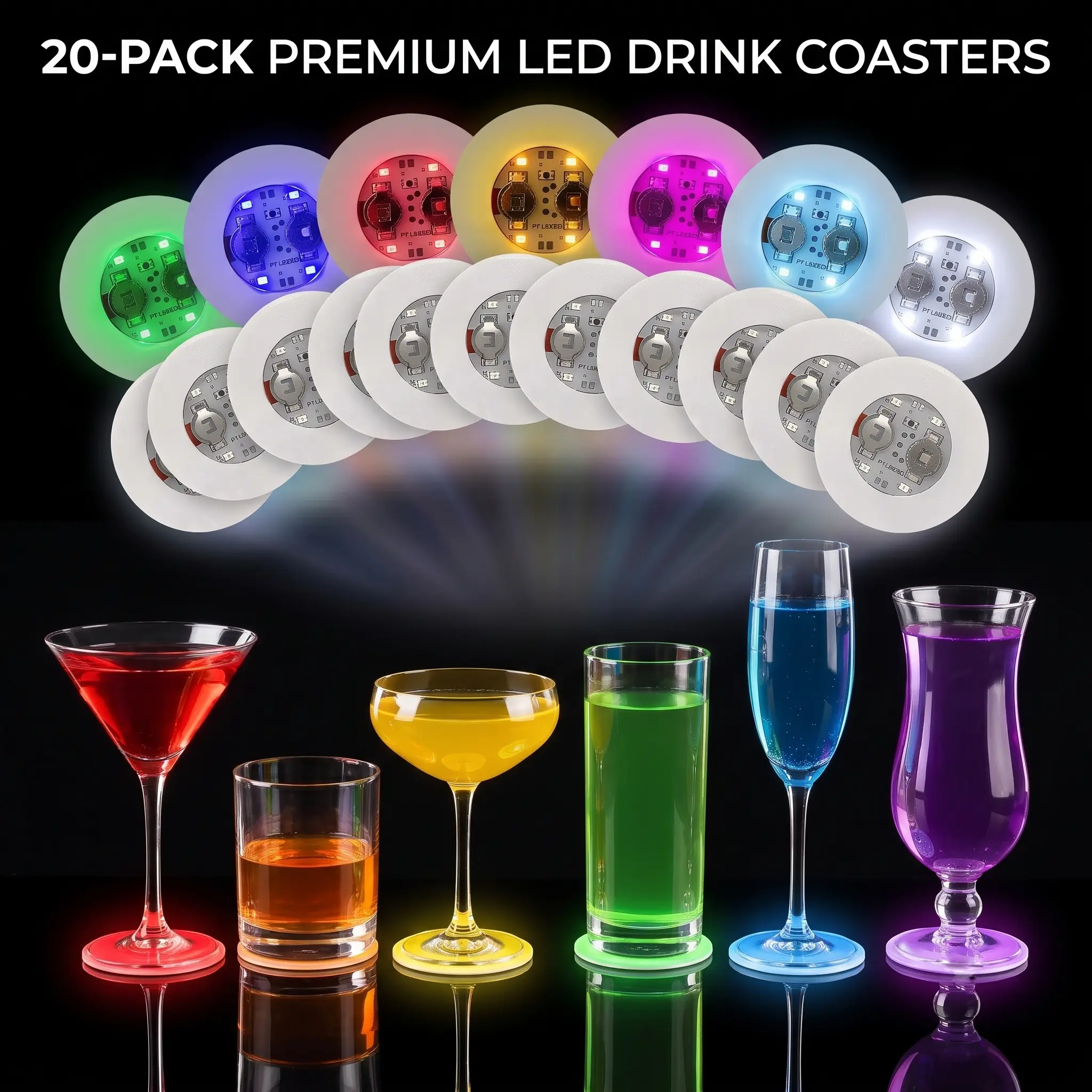 20x LED Light Up Coasters (8-Color) - Glowing Cup Stickers for Party Vibes