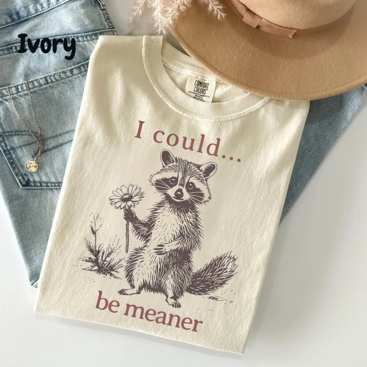 Comfort Colors Funny Raccoon Shirt, "I Could Be Meaner" Feral Racoon Tee, Trash Panda Shirt, Daisy Raccoon Tee