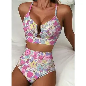 2026 New Printed High Waist Swimsuit U-shaped Buckle Slimming Tummy Bikini Vacation Swimwear
