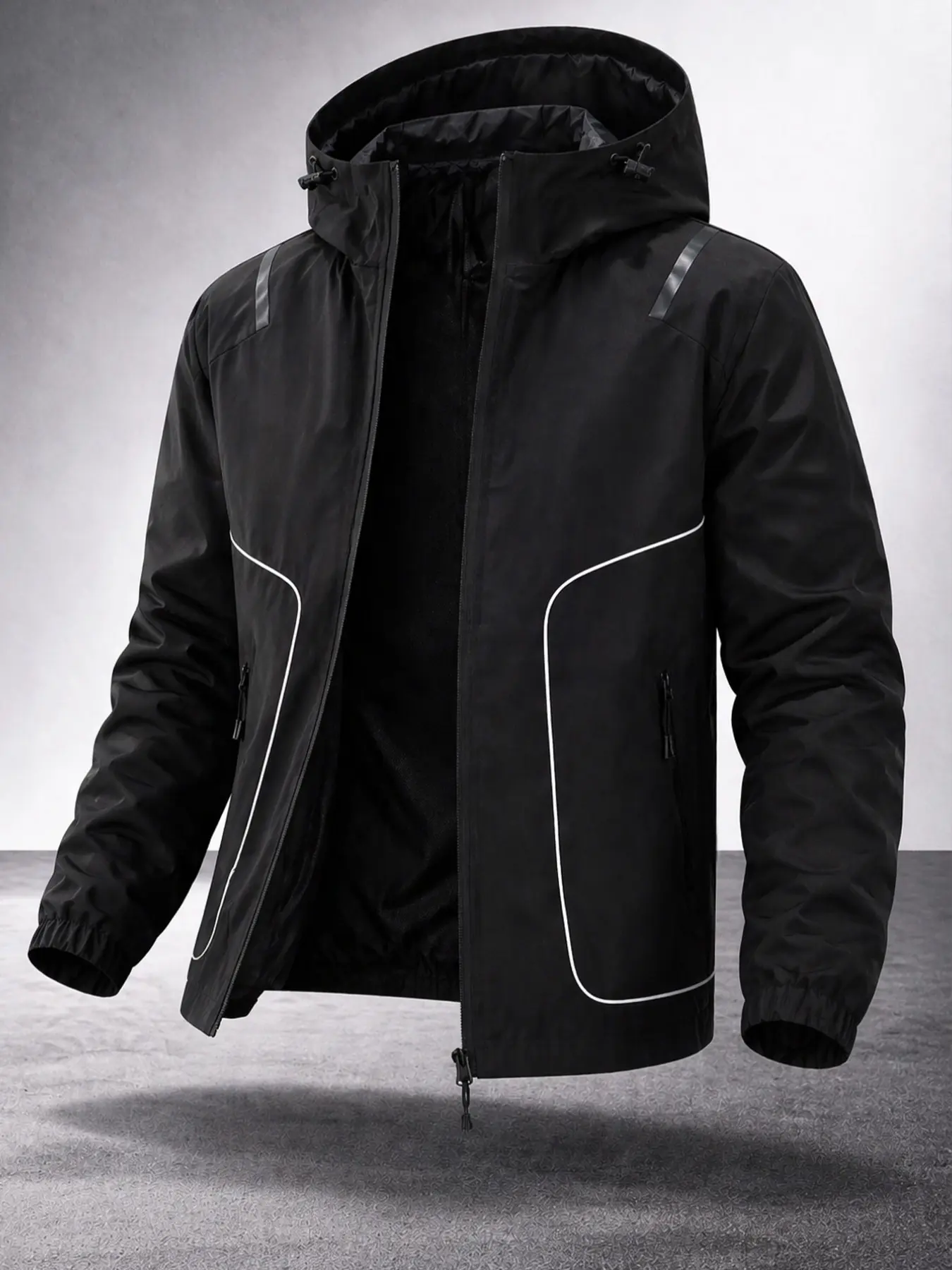Men's Windproof Hooded Jacket, Reflective Design, Long Sleeve, Casual All-Season Wear, Ideal for Commuting, Camping, Running, Weekend Outing, Streetwear Jackets, Coats