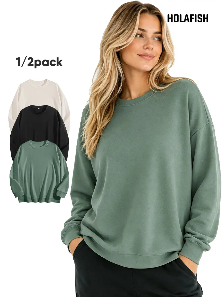 Holafish 1/2Pack Women's Shirt Long Sleeve Shirt Sweatshirt Drop Shoulder Casual Crewneck  Loose Fit Pullover Tops for Autumn Fashion Chic Everyday Wear,Retro Fall Sweatshirt Tee Tops,Sweater Weather Womenswear