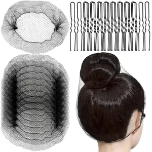 Hair Net for Women Men, Extra Large 60cm Nylon Black Hair Nets for Food Service Workers, 20 Pack Hairnets for Foodservice,Dancing,Sleeping,Hair Nets for Ballet Buns, with 20 U-Hair Pins