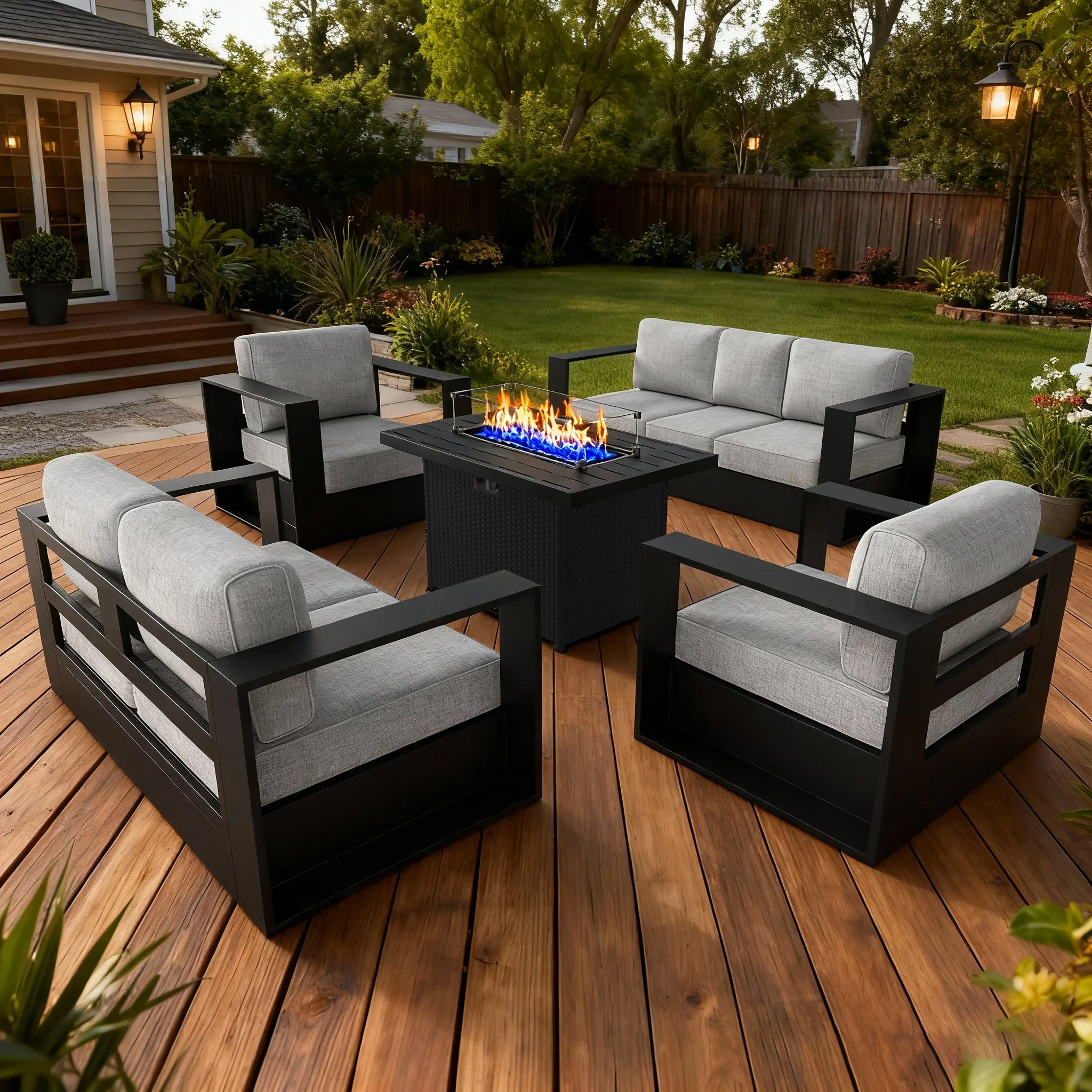 【4/5 Packages Shipping】LayinSun Oversized Aluminum Outdoor Furniture Set, Patio Sofa Sets with 44 inchs Fire Pit Table, Deep Seating and Upgraded 6-inch Cushions for Porch, Balcony, Deck