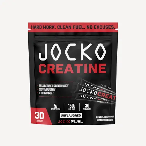 JOCKO, Creatine Stick Packs, Muscle & Cognitive Performance Support, Unflavored, 5g per Serving, 30 Servings (150g Total) Healthcare Fitness Supplement Edible Powder Dietary Optimum Premium Daily