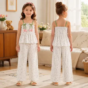 Girls 2-Piece Summer Outfit Set for 4-7 Years , Whimsical 3D Pink Tulip & Floral Print , Peplum Cami Top & Wide Leg Pants | Boutique Little Girl Fashion