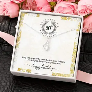 Customized 50th Birthday Gift for Her Dainty 50th Birthday Jewelry Gift for Women 50th Birthday Present Gift for Her 14kt White Gold Necklace Gift On Xmas, Anniversary. Necklace Jewelry With Meaningful Messages Card & Box