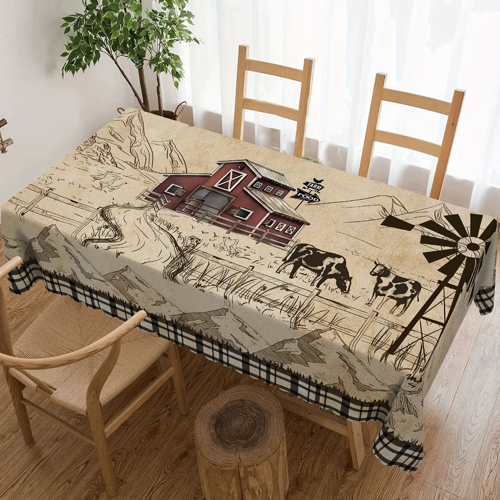 1pc Farmhouse Rustic Farm Tablecloth, Spring and Summer Round Rectangular Tablecloth, Vintage Windmill Country Checked and Cow Home Decor, Decorative Home Kitchen, Restaurant, Party, Festival, Gift, Wedding, Indoor, Outdoor