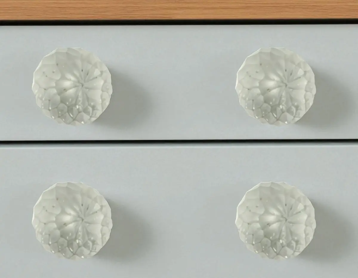 360 Stand Round Handle Drawer Pull Knobs - Set of 6, White Frosted Glass Faceted Globe Design, Frosted Finish, Includes Mounting Screws