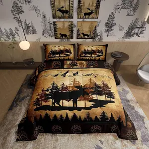Lodge Cabin Comforter Set,Moose Pine Trees Silhouette Sketch Mountain Bedding Set,for Kids Teens Adults,Wild Jungle Animal Paw Prints Comforter Duvet Set