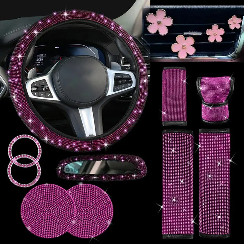 14-Piece Diamond Series Car Interior Accessories Set, Car Interior Decoration, Automotive Decorative Accessories, Includes Steering Wheel Cover, Cup Mats, Rear View Mirror Covers, Perfect Gift for Cars and Suvs, Vehicle Decoration