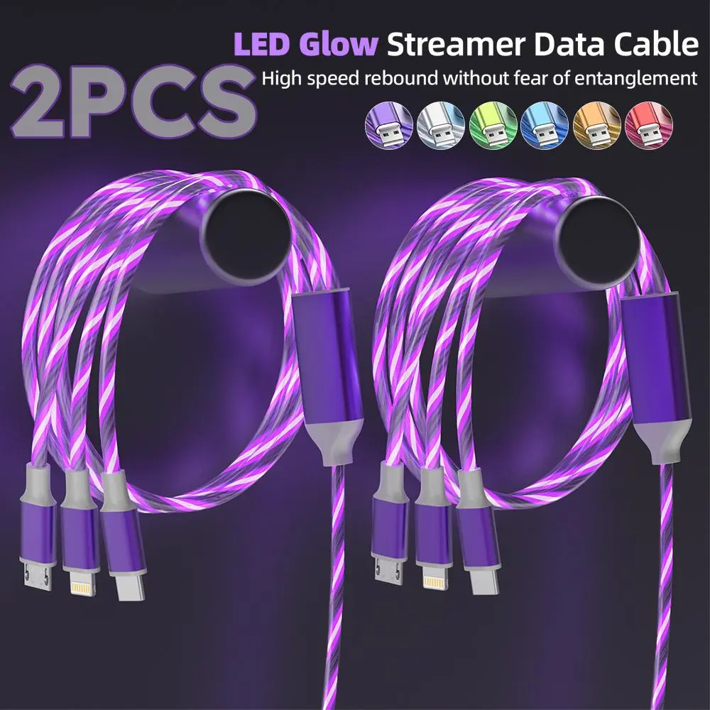 2 Pack 3 in 1 Flowing LED Fast Charging Cable, 4ft Light Up Streamer Glow Charger Cord with USB C/Micro USB/Lightning, Nylon Braided Tangle-Free for iPhone Android Phone Car Home Travel#SummerVibes