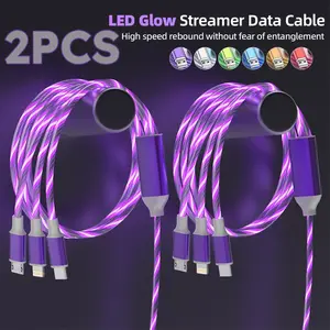 2 Packs 3-in-1 LED Glow Charging Cable, Flowing Light Fast Charging Cord with USB C/Micro USB/Lightning, Universal Multiple Charger Cable for iPhone Android Smart Phones