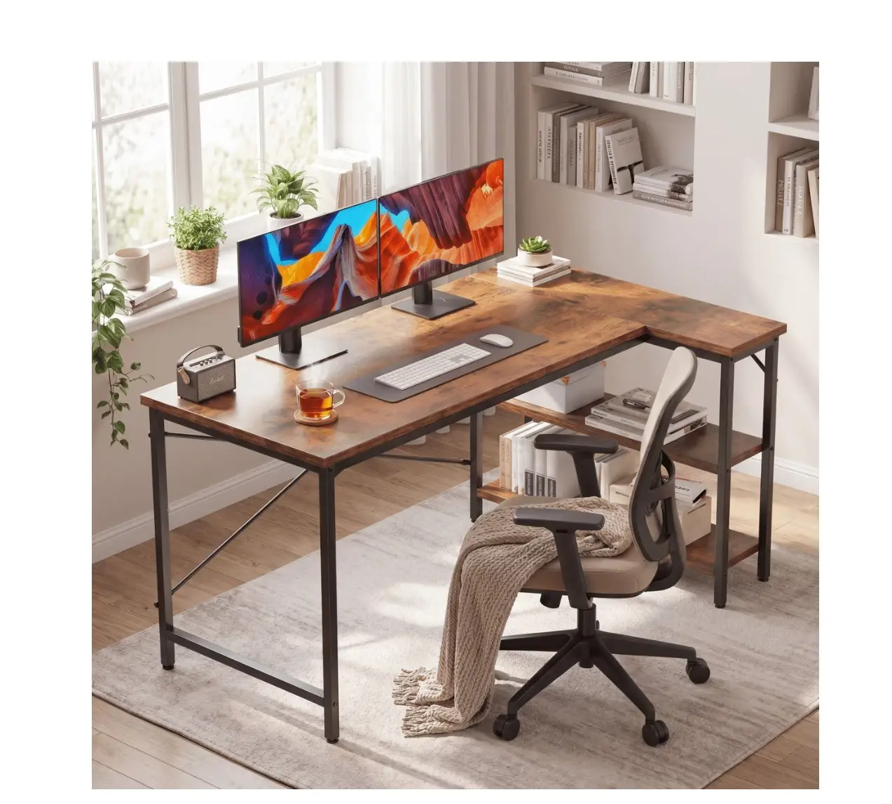 47 inch L Shaped Desk with Reversible Storage Shelves, 154 lbs Capacity Computer Corner Desk for Home Office, Gaming & Writing, Rust Brown
