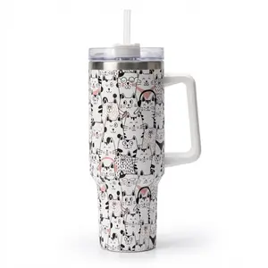 Cute Cat Pattern 40oz Insulated Stainless Steel Tumbler with Handle, Double Wall Vacuum Travel Cup