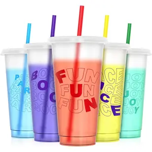Color Changing Cups, Plastic Cups with  and Straws,  Plastic Tumblers - , Durable &  Safe, Ideal for Iced Coffee, Smoothies & Cold Drinks, 5 Pack - Vibe Typography Style