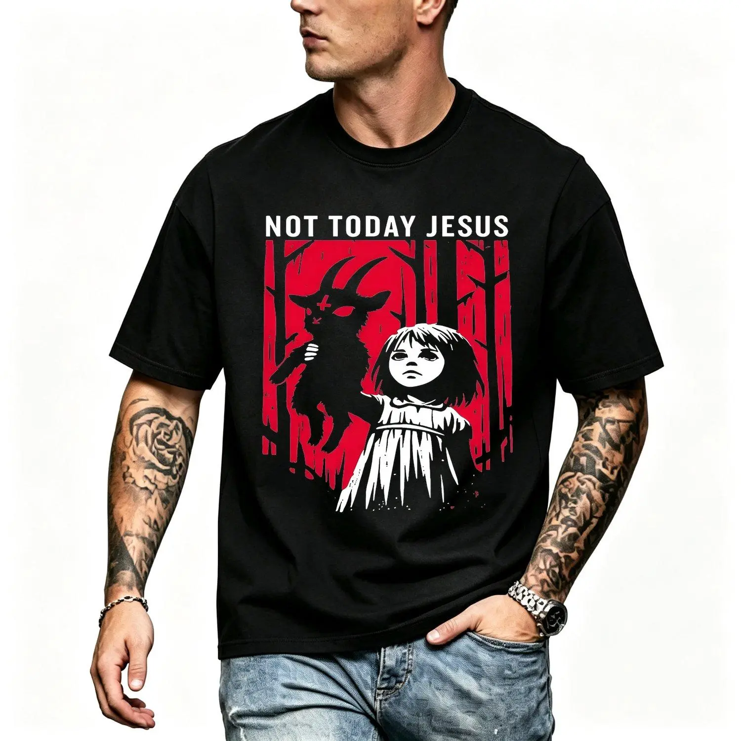 Male Short-Sleeve Gothic Baphomet Goat Graphic T-Shirt, Multi-Size Occult Print Tee with Edgy Slogan, Punk Look Alternative Streetwear for Adults (Sports & Outdoor Top), Sporty Sports Tops