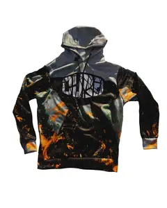 Burn Baby Burn Pully Hood Abstract Inferno Hoodie Psychedelic Flame Pattern Streetwear Statement Piece For Creators Studios Festivals Fire-Inspired Design Artwear For Cold Weather Vibes Bold Collectible Garment