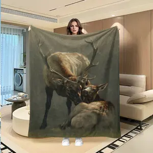 Healing Realistic Deer Family Snuggle Flannel Blanket, Vintage Distressed North American Mule Deer Full Print, Multi-Purpose Seasonal Throw