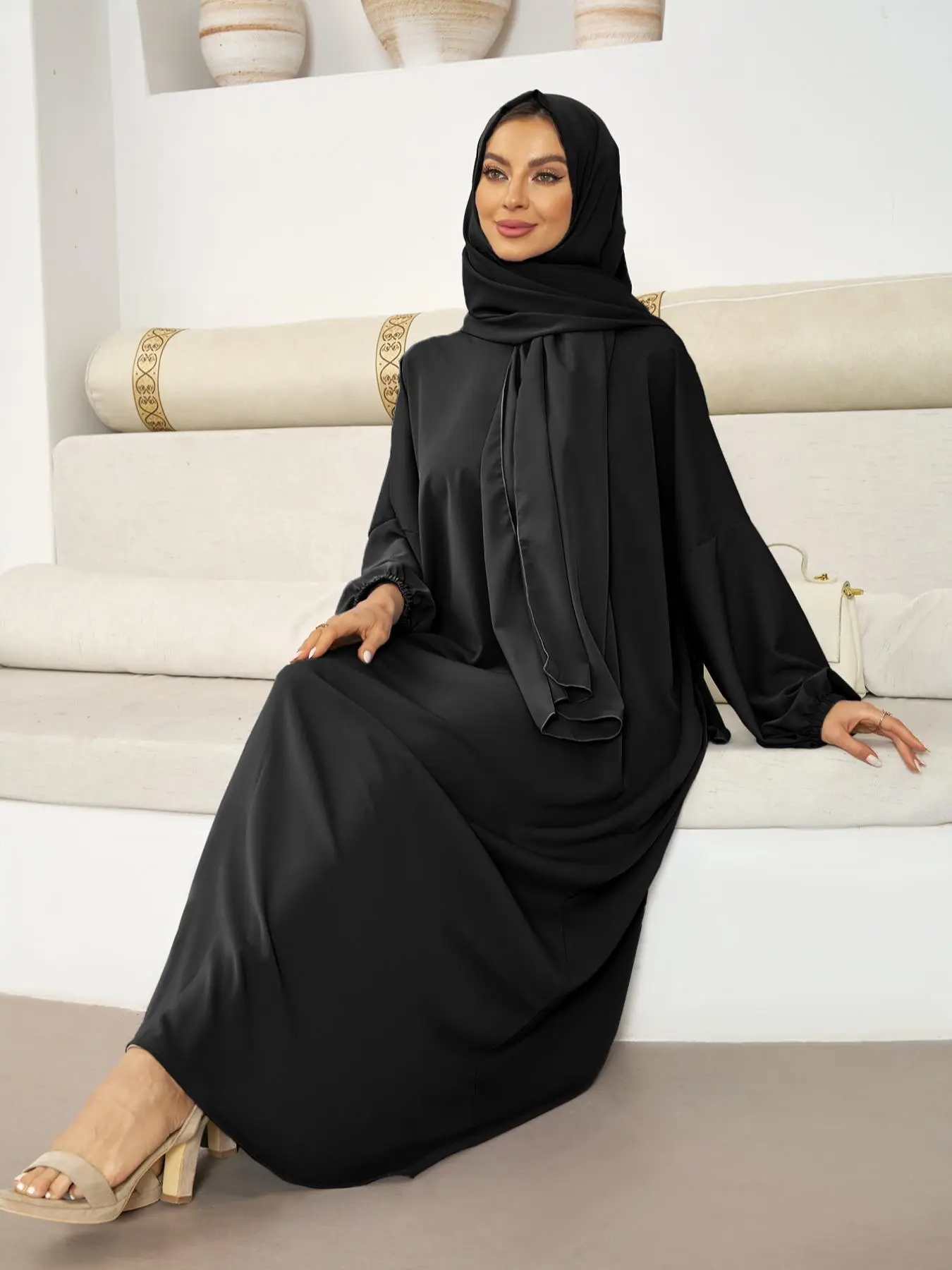 Women's Solid Pocket Bishop Sleeve Kaftan & Hijab Set, Elegant Long Sleeve High Neck Dress & Hijab for Daily Wear, Muslim Fashion for All Seasons