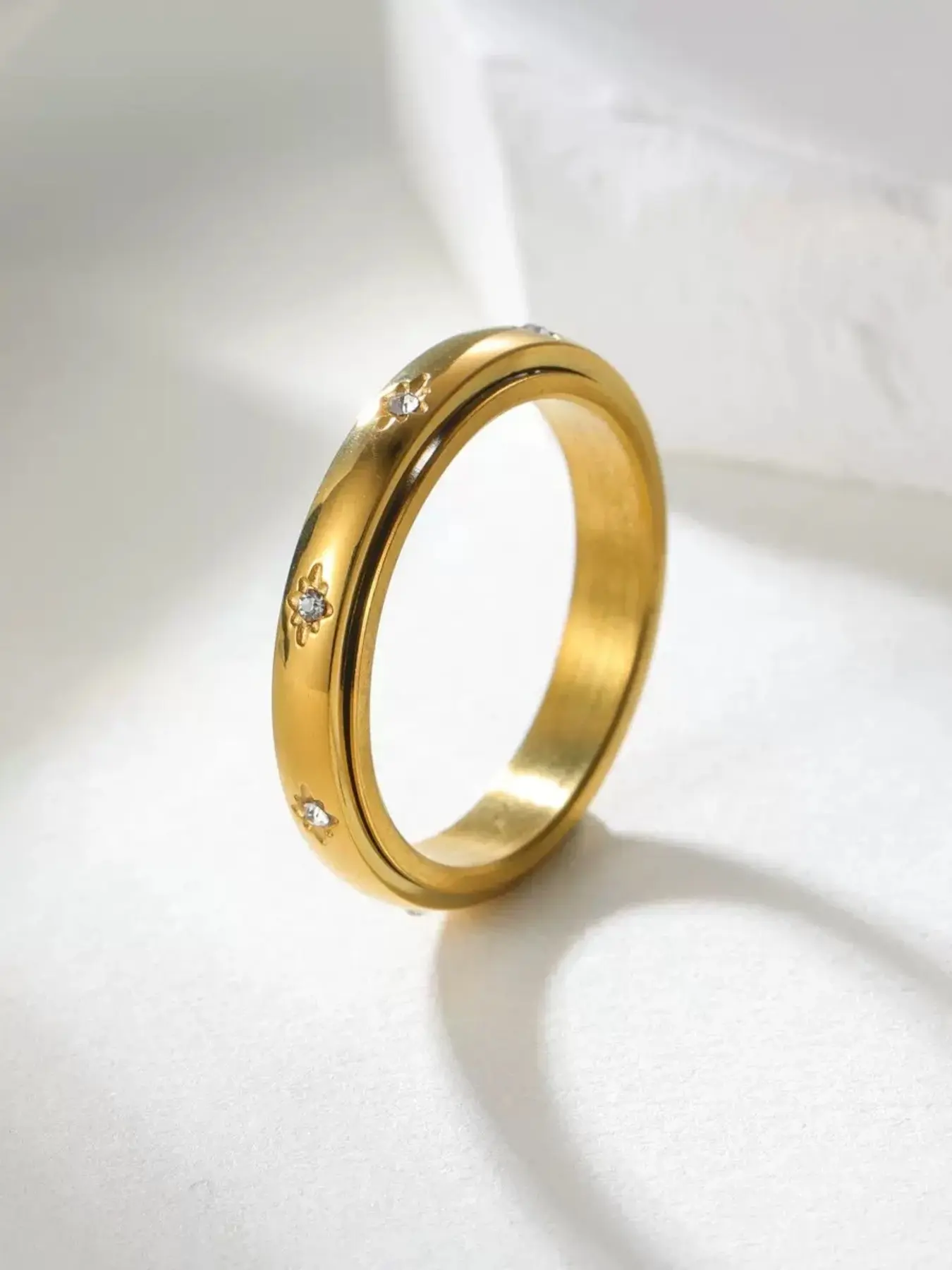 4mm Titanium Steel Rotating Diamond Starburst Ring, Stress Relief Jewelry, Stackable, Minimalist Style, Includes Ring Box, Stress Relief Rings
