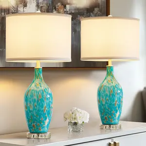 Turquoise Leopard Glass Lamps 25.8” + Crystal Base + Free Bulb (Set of 2)