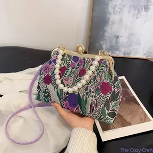 Women’s Floral Embroidered Crossbody Bag, Pearl Chain Shoulder Handbag, Vintage Oriental Style Clutch Purse, Elegant Kiss Lock Mini Bag, Chic Evening Bag for Wedding, Party, Formal Events, Daily Use tiktokshopspringglowup