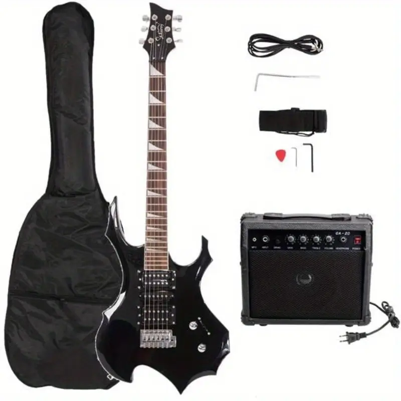 Black Flame-Shaped Electric Guitar with HSH Pickup, Adjustable Guitar Strap, Carry Bag, Picks, Snake Cable, Wrench Tool - Novice Musical Instrument Accessory Kit