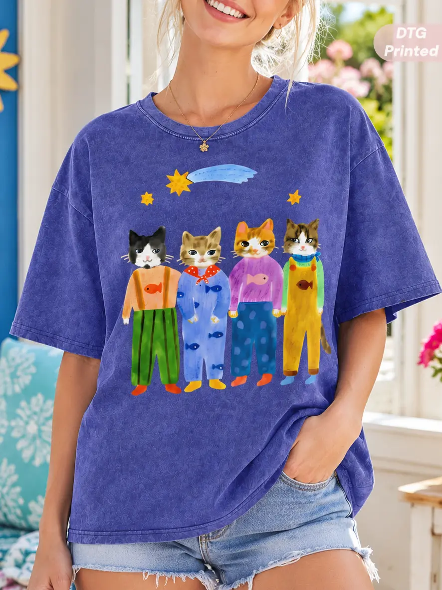 MuseBeau Retro Hand Painted Funny Cats In Overalls Graphic Vintage Tee 100% Cotton DTG Printed 90s Graphic Tees Women's t Shirts Funny Graphic Tee Good Graphic Tees Men's Graphic Womenswear Tees Streetwear Outfits Men Vacation Outfits Oversized Tshirt