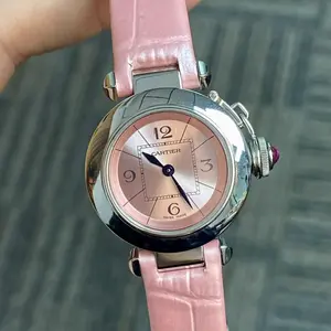 Cartier Miss Pasha 27mm Stainless Steel Quartz Watch, Pink Dial, Pink Leather Strap